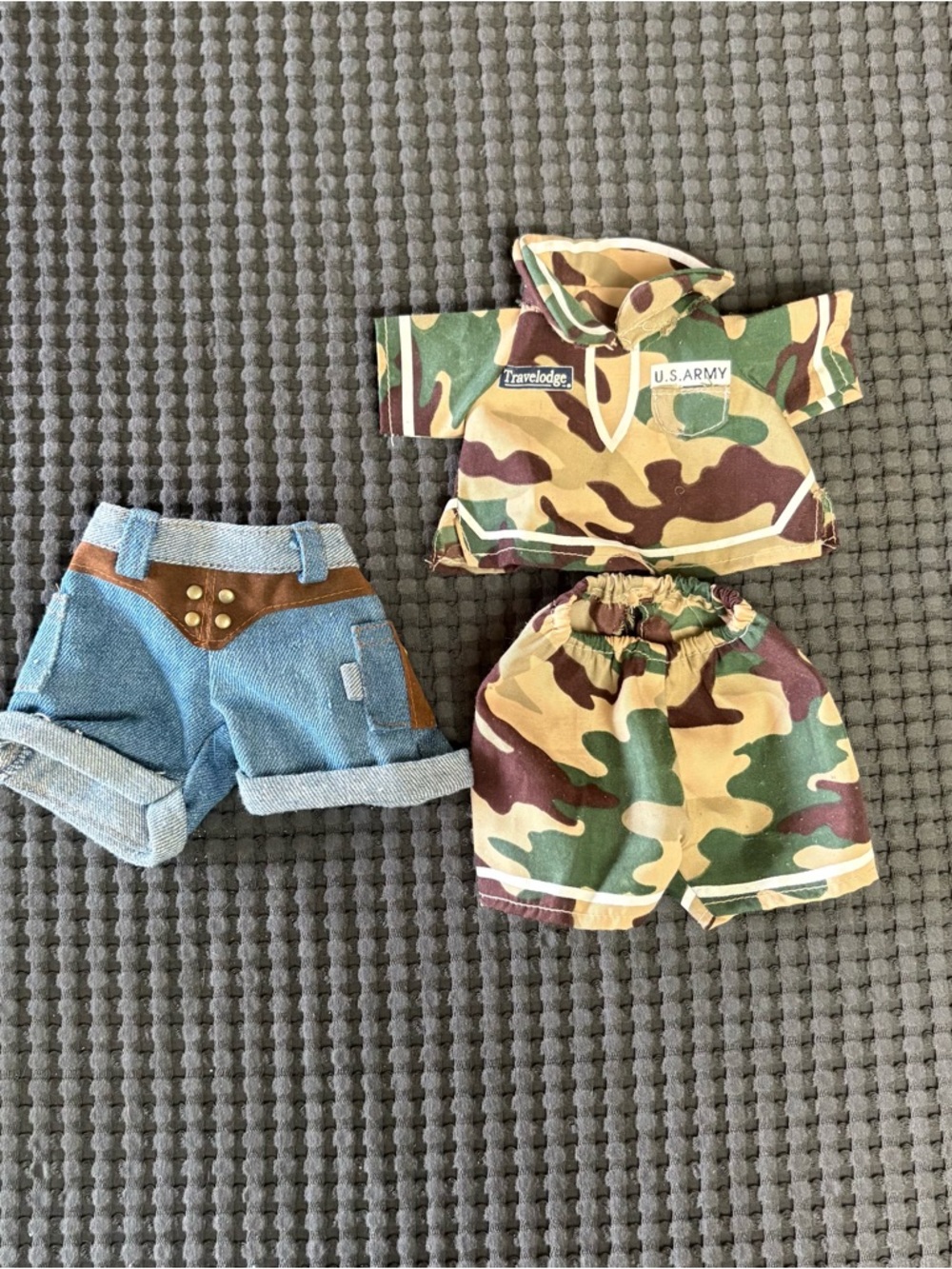 Teddy Bear Travelodge US Army Camouflage Outift,  Denim Shorts, Bear Clothes